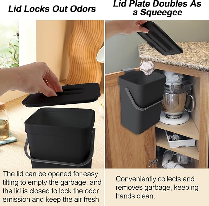 Compost Bin Kitchen, Includes 100 Trash Bags, Hanging Trash Can with Lid, Features Pet-Proof, Odor-Proof, and Quiet Opening/Closing. Suitable for Bathrooms/Bedrooms/Offices (Black, 1.3Gal/5L)