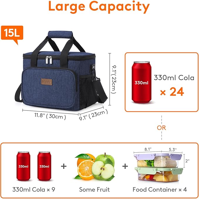 Lifewit Large Lunch Bag Insulated Lunch Box Soft Cooler Cooling Tote for Adult Men Women, Dark Blue 24-Can (15L)