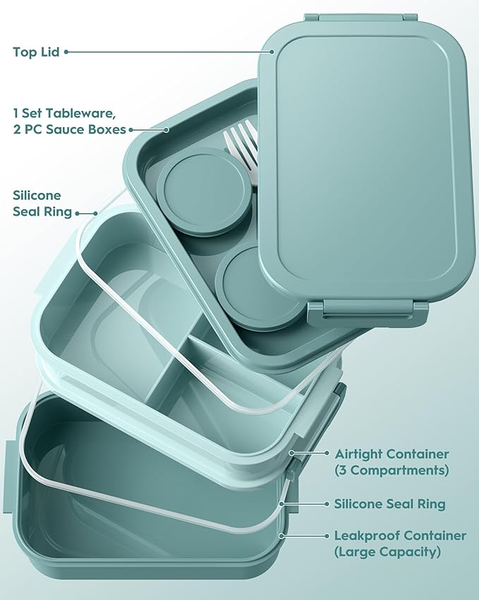 Adults Bento Box with Insulated Lunch Bag, 74oz Capacity 3 Stackable Leak-Proof Bento Box Built-In Utensil and Sauce, PFAS & BPA-Free, Microwave & Dishwasher Safe (Mint Green)