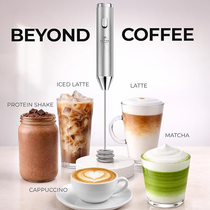 Zulay Kitchen Metal Rechargeable Milk Frother, 3 Whisk Attachments Handheld Frother Wand, 1800mAh USB-C Charging, Electric Drink Mixer for Protein, Matcha & Powders - One Charge Lasts up to 6 Months