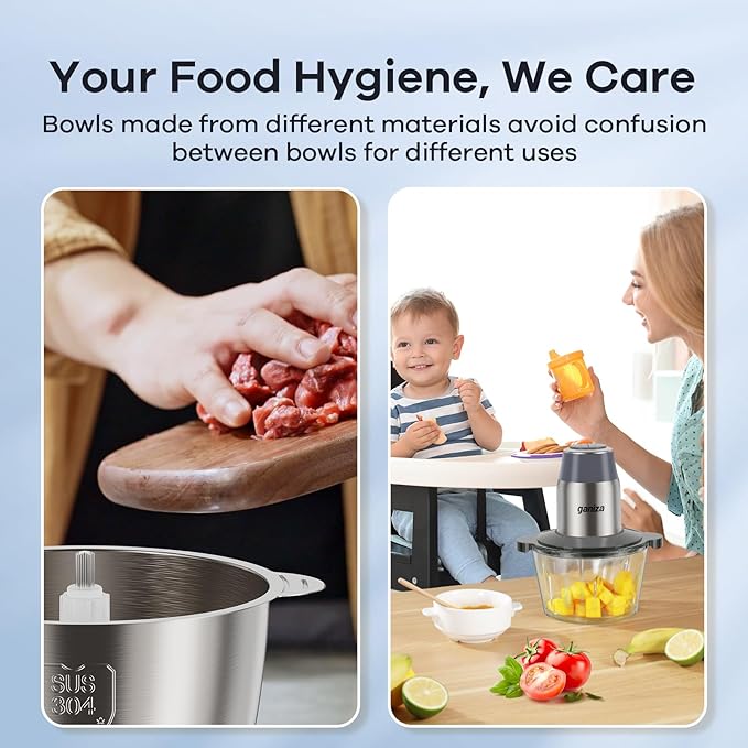 GANIZA Food Processors, Electric Food Chopper with Meat Grinder & Vegetable Chopper - 2 Bowls (8 Cup+8 Cup) with Powerful 450W Copper Motor - Includes 2 Sets of Bi-Level Blades (Grey)