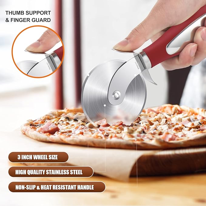 SCHVUBENR Premium Pizza Cutter Wheel - Ultra Sharp Stainless Steel Pizza Slicer with Non-Slip Soft Grip Handle - Multi-Purpose Cutter for Pizza, Dough & Pastry - Dishwasher Safe, Easy to Clean - Red