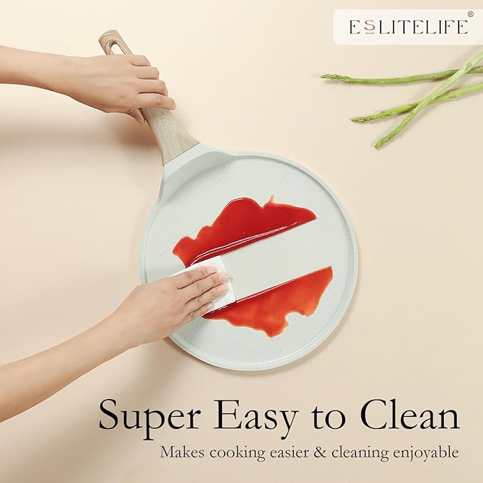 ESLITE LIFE 9.5 Inch Crepe Pan with Spreader, Nonstick Ceramic Coating Dosa Pan, Roti Tawa Comal Para Tortillas Pancake Griddle Pan, Induction Compatible, PTFE & PFOA Free, White