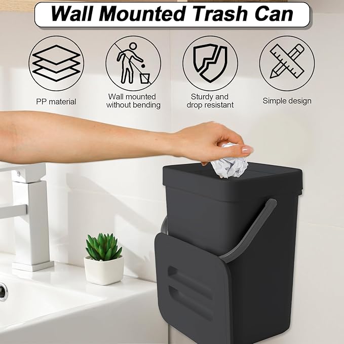 Compost Bin Kitchen, Includes 100 Trash Bags, Hanging Trash Can with Lid, Features Pet-Proof, Odor-Proof, and Quiet Opening/Closing. Suitable for Bathrooms/Bedrooms/Offices (Black, 0.8Gal/3L)