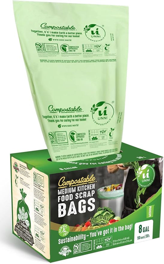 UNNI Compostable Trash Bags, 8 Gallon / 30 Liter, 200 Count Value Pack, Extra Thick 0.85 mil Medium Kitchen Food Scrap Bin Liners, BPI, CMA & OK compost HOME Certified (Meets ASTM D6400)