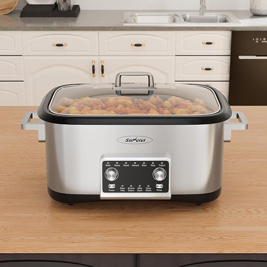 Sunvivi Programmable 8 Quart Slow Cooker, 12 in 1 Multi-Cooker Food Warmer with Digital Timer, Temp Control, Removable Cast Aluminum Pot & Dishwasher-Safe Tempered Glass Lid, Stainless Steel