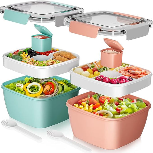 Cherrysea Salad Lunch Box, 2Pack Bowls with 3 Compartments, Leak Proof with Fork & Sauce Container - Green+Pink