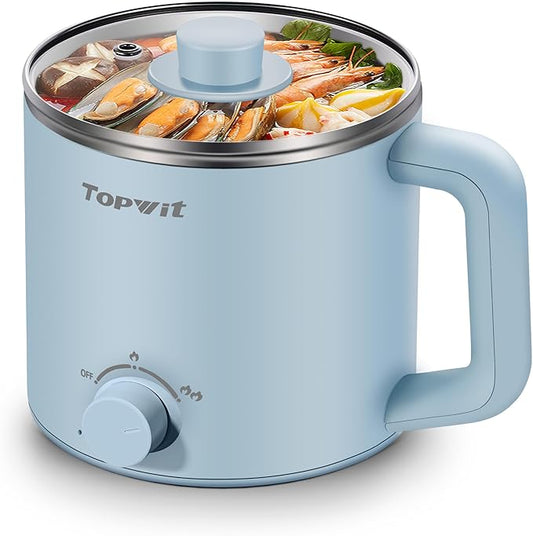 Topwit Hot Pot Electric, Electric Pot, 1.6L Ramen Cooker, Multifunctional Cooker for Pasta, Shabu-Shabu, Oatmeal, Soup and Egg with Over-Heating Protection, Boil Dry Protection, Blue