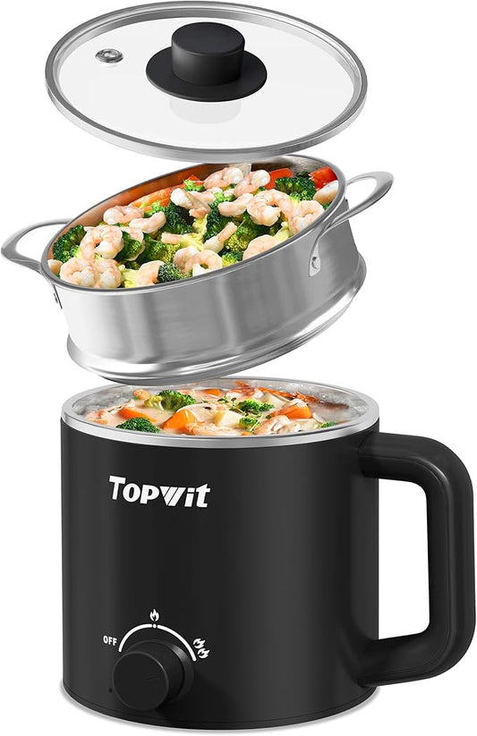 Topwit Hot Pot Electric with Steamer, 1.6L Ramen Cooker, Electric Pot for Pasta, Shabu-Shabu, Oatmeal, Soup and Egg, Portable Cooker with Dual Power Control, Dorm Room Essentials, Black
