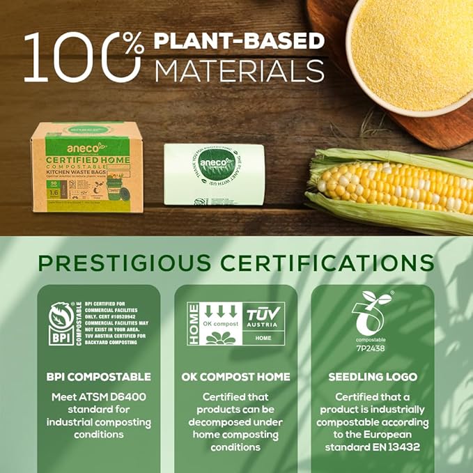 ANECO 100% Home Compostable Food Waste Bags (1.6 Gallon Trash Bags, 50 Count), Small Kitchen Compost Bags for Countertop Bin, Certified by BPI (ASTM D6400), TUV Austria & OK Compost Home