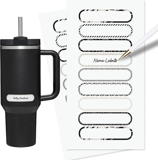ThreeKin Waterproof Labels for Bottles and Containers - Custom Stickers - All-Purpose and Personalizable - Dishwasher, Freezer and Microwave Safe - BPA-Free - USA-Owned (Black and White, 72pcs)