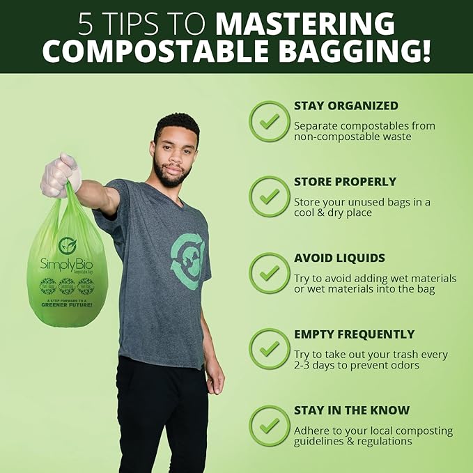 Simply Bio 3 Gallon Compostable Trash Bags Liners with Handle-Tie, Thick 0.67 Mil, 11.36 Liter, 80 Bags, Small Kitchen Food Scrap Waste Bag, ASTM D6400, US BPI and OK Compost Home Certified