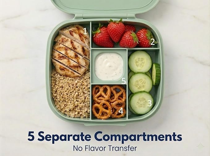 L&A's Bento Lunch Box for Kids and Adults - Leakproof 5-Compartment Lightweight Food Container, Large Capacity Meal Prep for School and Work, BPA-Free, Microwave & Dishwasher Safe (Green)
