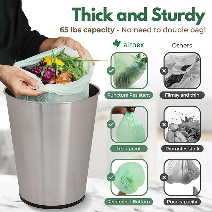 Compostable Kitchen Trash Bags 8 Gal - Cornstrarch Leakproof & Tear Resistant 100 Compost Bags - OK Compost Home & Seedling Certified 0.22 mm Kitchen Garbage Bags