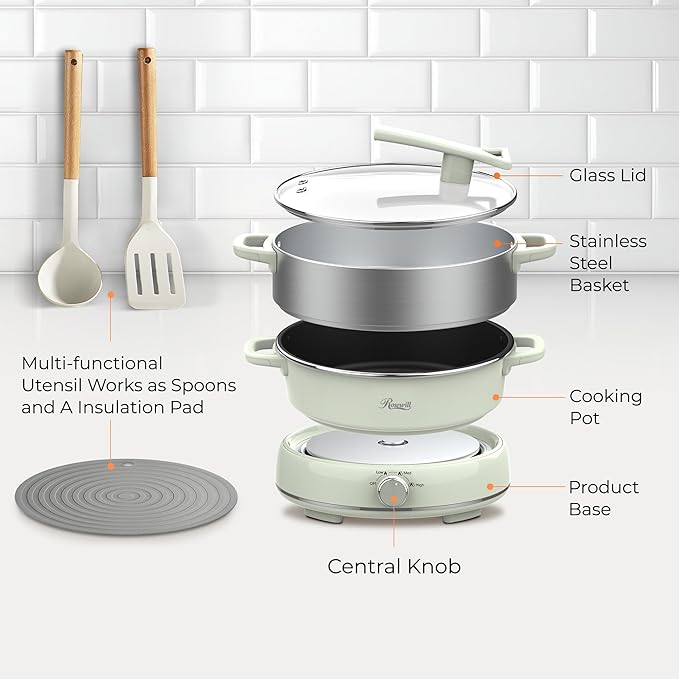 Rosewill 12.7 QT Electric Hot Pot Slow Cooker with Multiple Functions, Split Design with 11.8 inch Wider Cooking Pot and SUS Steam Basket, 1600W High Power, Includes Utensils - Light Green