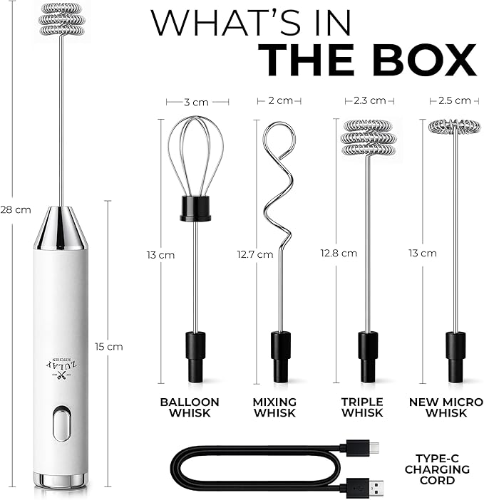 Zulay Kitchen Metal Rechargeable Milk Frother, 3 Whisk Attachments Handheld Frother Wand, 1800mAh USB-C Charging, Electric Drink Mixer for Protein, Matcha & Powders - One Charge Lasts up to 6 Months