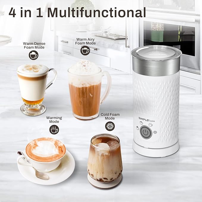 SIMPLETASTE Milk Frother, 4-in-1 Electric Milk Steamer, Automatic Warm and Cold Foam Maker and Milk Warmer for Latte, Cappuccinos, Macchiato, Hot Chocolate