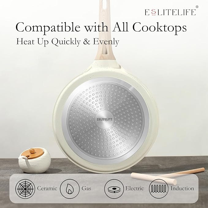 ESLITE LIFE 9.5 Inch Crepe Pan with Spreader, Nonstick Ceramic Coating Dosa Pan, Roti Tawa Comal Para Tortillas Pancake Griddle Pan, Induction Compatible, PTFE & PFOA Free, White