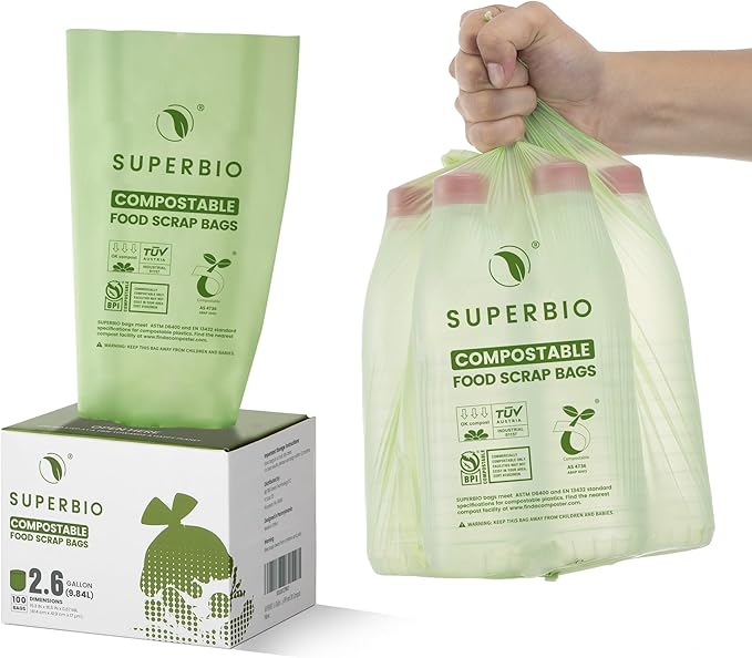 SUPERBIO 2.6 Gallon Compostable Food Waste Bags, 100 Count, 1 Pack, Flat Top Food Scrap Bags， ASTM D6400，Certified by BPI and OK compost INDUSTRIAL,9.84L