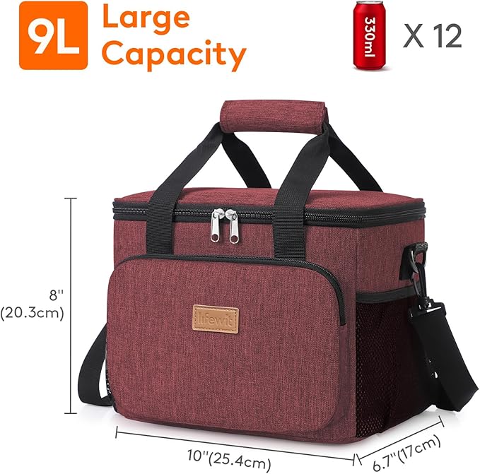 Lifewit Medium Lunch Bag Insulated Lunch Box Soft Cooler Cooling Tote for Adult Men Women, Burgundy 12-Can (9L)