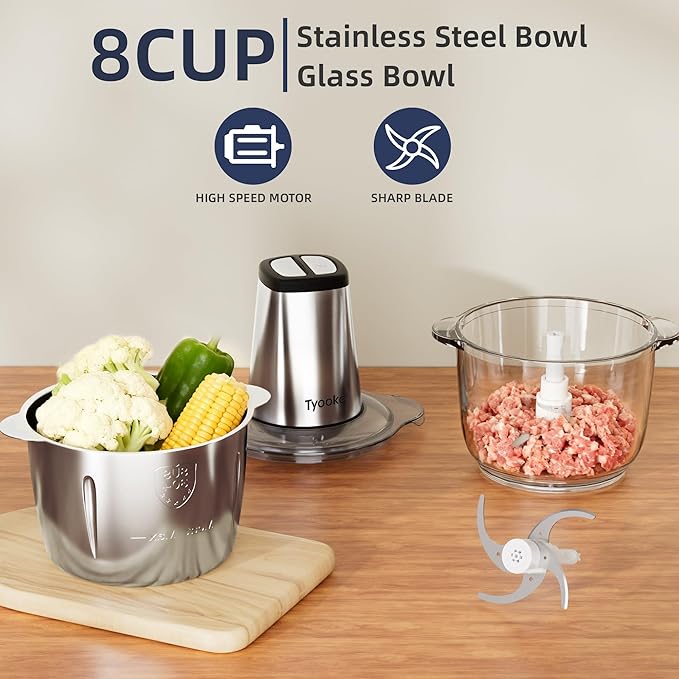 Electric Food Processor Vegetable Chopper, Easy Clean Meat Grinder with 2 Bowls (8 Cup Stainless Steel+8 Cup Glass), Small Food Mixer for Fruits/Meat/Nuts/Fish/Veggie/Pet Food/Baby Food