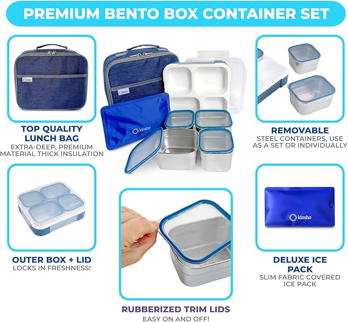 Stainless Steel Bento Lunch Box Set for Adults, Kids - Insulated Bag and Ice Pack - Leak-Proof Metal Compartment Meal Prep Food & Snack Containers for Work Travel School Daycare, 36 oz Navy Blue