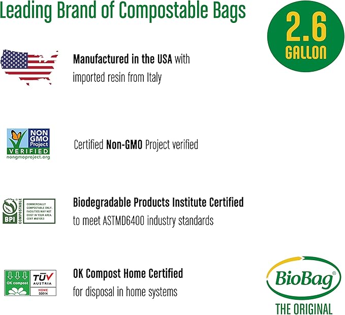 2.6 Gallon Compostable Food Scrap Bags by BioBag, 100 Count, BPI Certified, Meets ASTM D6400 Standards, Made in USA, Kitchen Counter Bin Liners