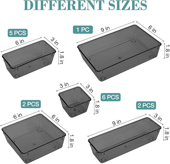 16 PCS Drawer Organizer Set, 5 Varied Size Bathroom and kitchen Drawer cabinet organizer Trays, Clear Storage Bins for Makeup, Jewelry, Utensils and Gadgets, Black