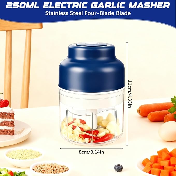 2026 Upgrade Electric Garlic Chopper Mini, Small Garlic Chopper Mincer Rechargeable, 250ml Portable Small Food Processor, Electric Food Chopper Tool for Mashing Onion Garlic Chili Ginger Fruits(Blue)