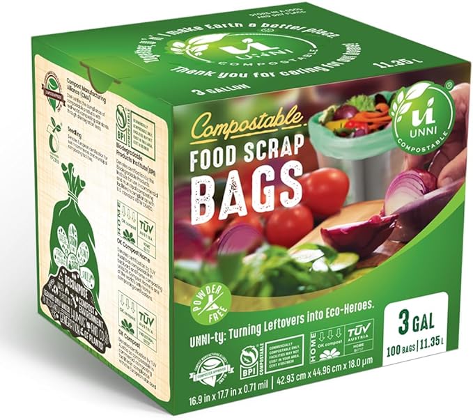 UNNI Compostable Trash Bags, 3 Gallon / 11.35 Liter, 100 Count, Extra Thick 0.71 Mil Small Kitchen Food Scrap Bin Liners, Certified by BPI, CMA & OK compost HOME, Meets the ASTM D6400 Standard