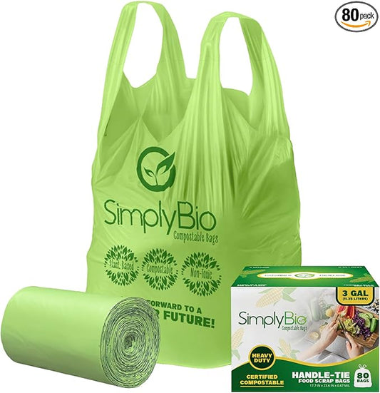 Simply Bio 3 Gallon Compostable Trash Bags Liners with Handle-Tie, Thick 0.67 Mil, 11.36 Liter, 80 Bags, Small Kitchen Food Scrap Waste Bag, ASTM D6400, US BPI and OK Compost Home Certified