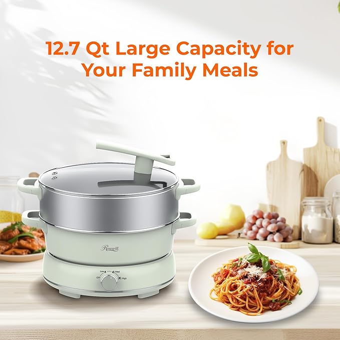 Rosewill 12.7 QT Electric Hot Pot Slow Cooker with Multiple Functions, Split Design with 11.8 inch Wider Cooking Pot and SUS Steam Basket, 1600W High Power, Includes Utensils - Light Green