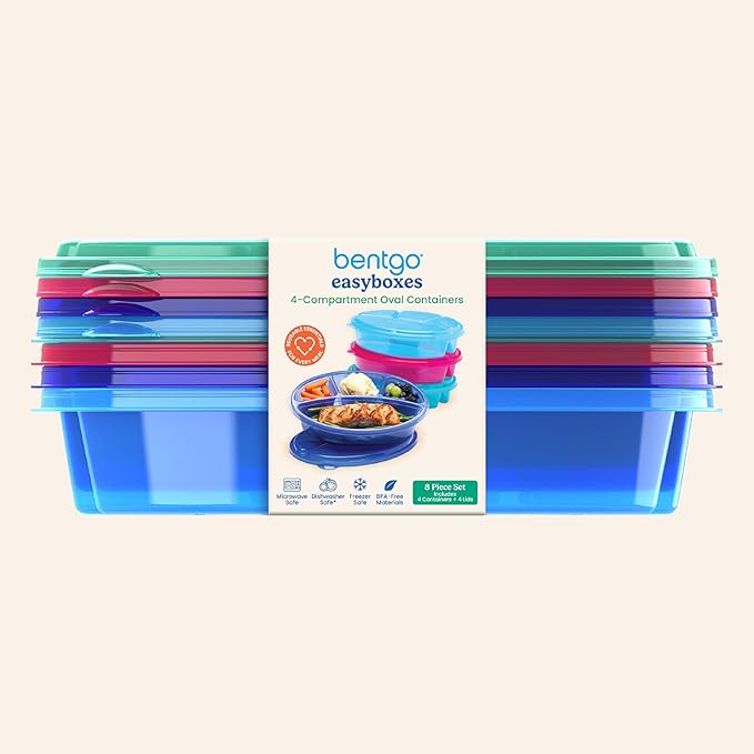 Bentgo Easyboxes 4-Compartment Oval Containers - Patented Design 8-Piece Set; 4 Trays & 4 Fitted Lids Seal in Freshness; Reusable Food Storage & Meal Prep BPA-Free Containers (Jewel Brights)