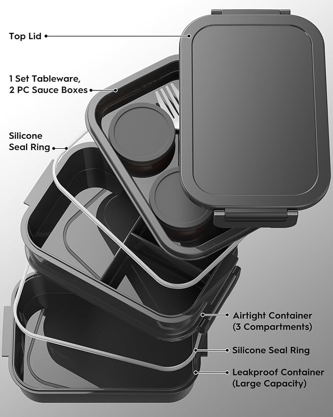 Adults Bento Box with Insulated Lunch Bag, 74oz Capacity 3 Stackable Leak-Proof Bento Box Built-In Utensil and Sauce, PFAS & BPA-Free, Microwave & Dishwasher Safe (Astral Black)