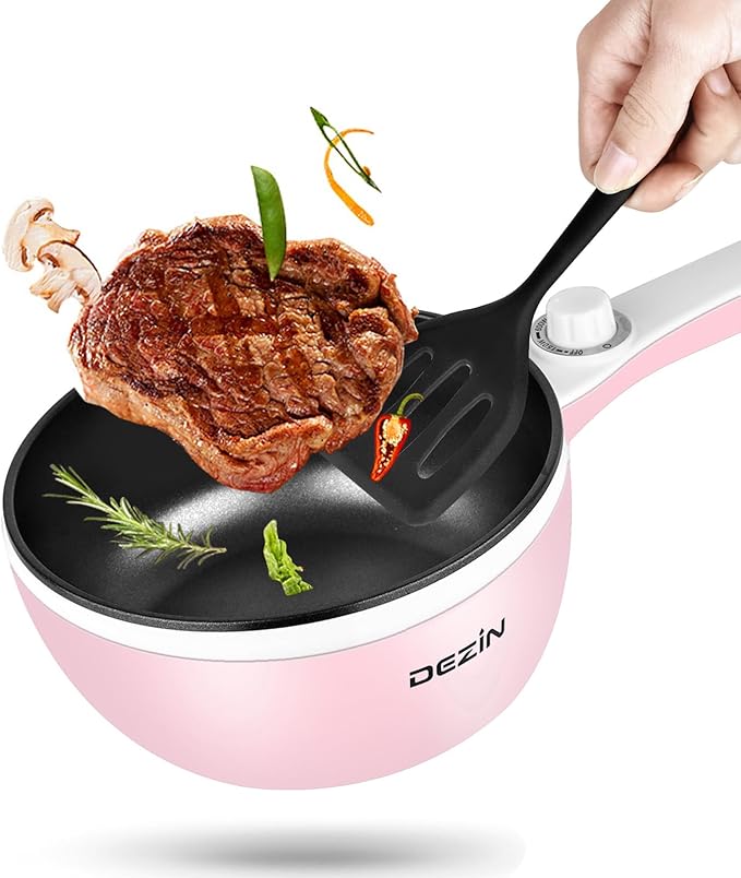 Dezin Hot Pot Electric Upgraded, Non-Stick Sauté Pan, Rapid Noodles Electric Pot, 1.5L Mini Portable Hot Pot for Steak, Egg, Fried Rice, Ramen, Oatmeal, Soup with Power Adjustment