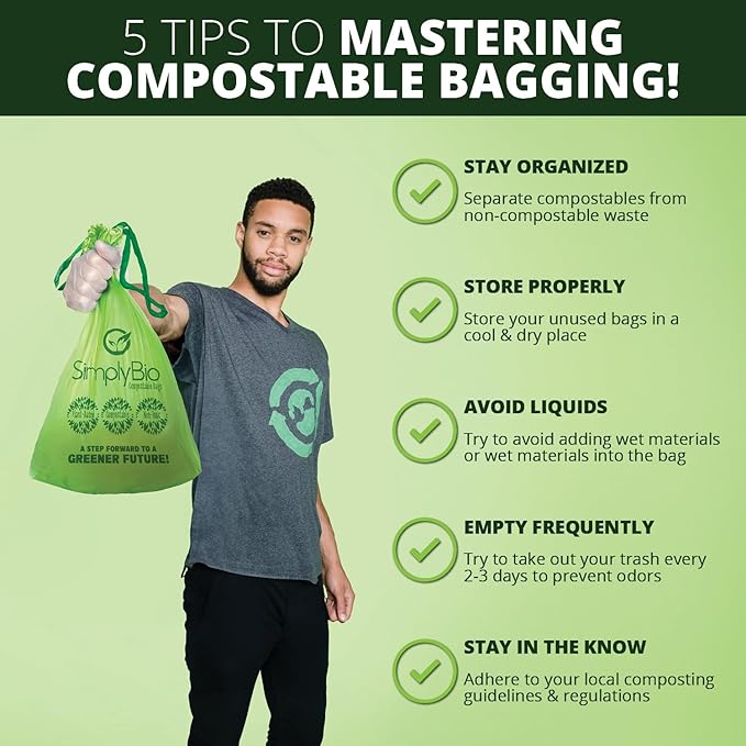 Simply Bio 3 Gallon Compostable Trash Bags Liners Drawstring, Heavy Duty Extra Thick 1 Mil, 11.36 Liter, 50 Bags, Small Kitchen Food Scrap Waste Bag, ASTM D6400, US BPI and OK Compost Home Certified