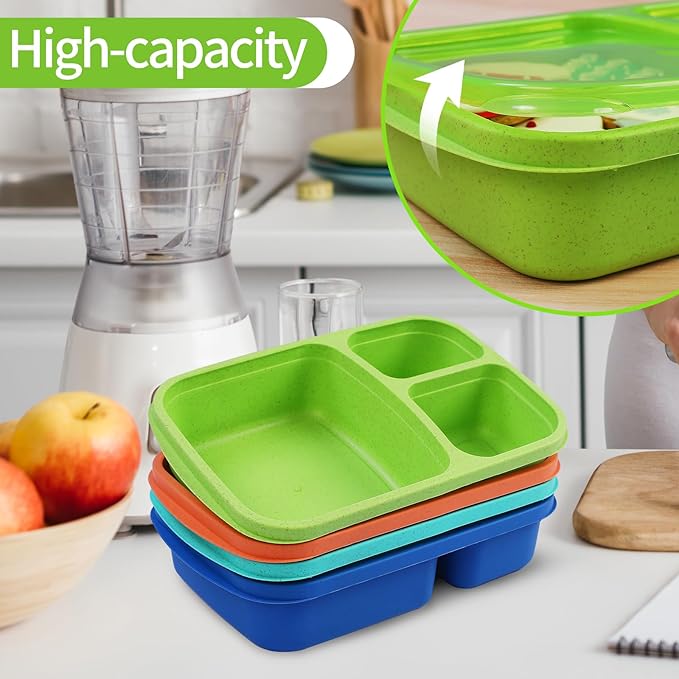 4 Pack Bento Lunch Box Set 3 Compartment Wheat Straw Meal Prep Food Storage Containers Plastic, Microwave and Dishwasher Safe（Jewel Brights）