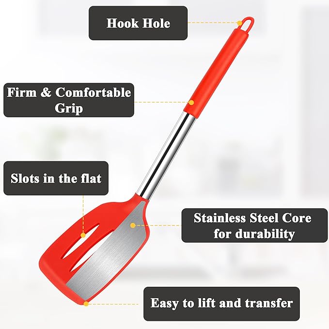 Silicone Spatula Spoon Set, 4 PCS Silicone Cooking Utensils Spatula Spoon Set with Stainless Steel Handle, BPA Free Kitchen Turners for Frying, Mixing, Serving, Draining, Turning, Stirring, Red