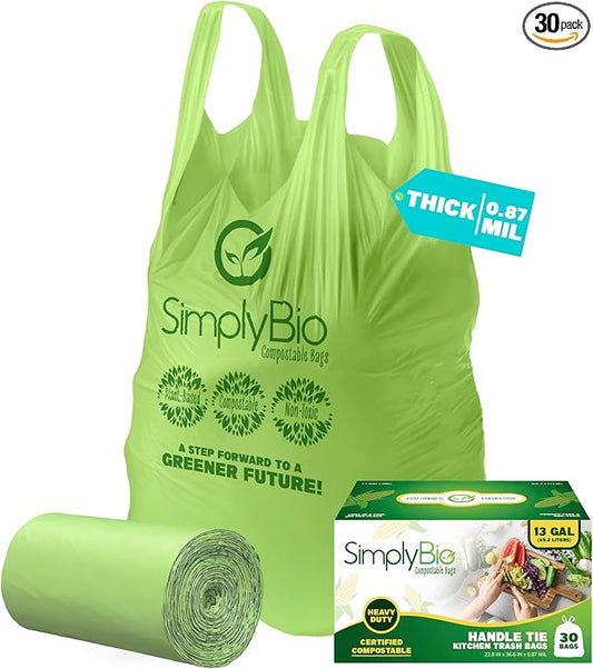 Simply Bio 13 Gallon Compostable Trash Bags Liners with Handle-Tie, Thick 0.87 Mil, 49.21 Liter, 30 Bags, Tall Kitchen Food Scrap Waste Bag, ASTM D6400, US BPI and OK Compost Home Certified