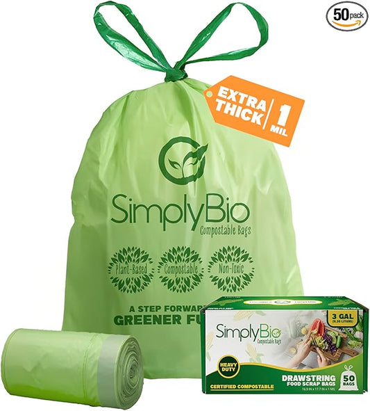 Simply Bio 3 Gallon Compostable Trash Bags Liners Drawstring, Heavy Duty Extra Thick 1 Mil, 11.36 Liter, 50 Bags, Small Kitchen Food Scrap Waste Bag, ASTM D6400, US BPI and OK Compost Home Certified