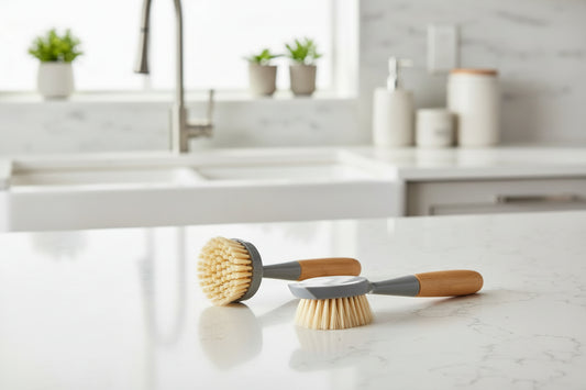 2 Pack Kitchen Dish Brush Bamboo Handle Dish Scrubber Built-in Scraper, Scrub Brush for Pans, Pots, Kitchen Sink Cleaning, Dishwashing and Cleaning Brushes are Perfect Cleaning Tools, Color-Gray