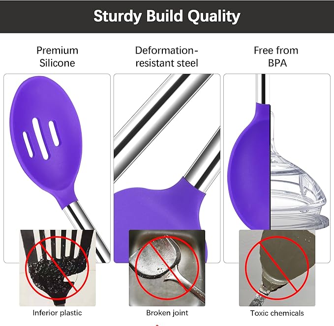 Silicone Spatula Spoon Set, 4 PCS Silicone Cooking Utensils Spatula Spoon Set with Stainless Steel Handle, BPA Free Kitchen Turners for Frying, Mixing, Serving, Draining, Turning, Stirring, Purple