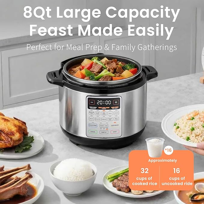 Fullwill 8QT Electric Pressure Cooker Max, 1200W Fast Cooking, 12-in-1 Multi-Use Programmable with Ceramic Non Stick Pot for Sauté, Slow Cook, Steam, Yogurt, Ideal for Family Meals & Gatherings