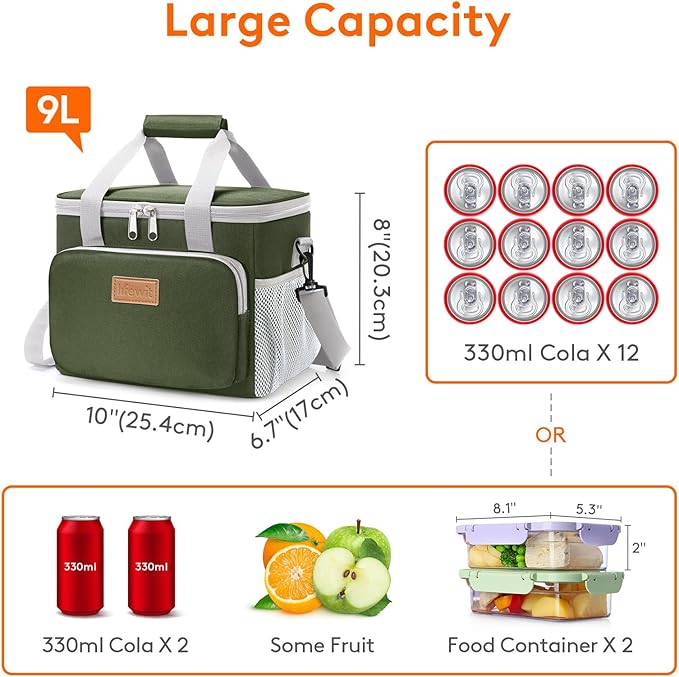 Lifewit Medium Lunch Bag Insulated Lunch Box Soft Cooler Cooling Tote for Adult Men Women, Gray and Green 12-Can (9L)