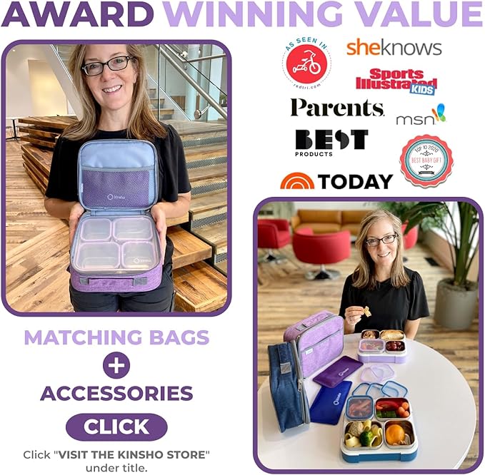 kinsho Stainless Steel Bento Lunch Box Set for Adults, Kids - Insulated Bag and Ice Pack - Leak-Proof Metal Compartment Meal Prep Food & Snack Containers for Work Travel School Daycare, 36 oz Purple