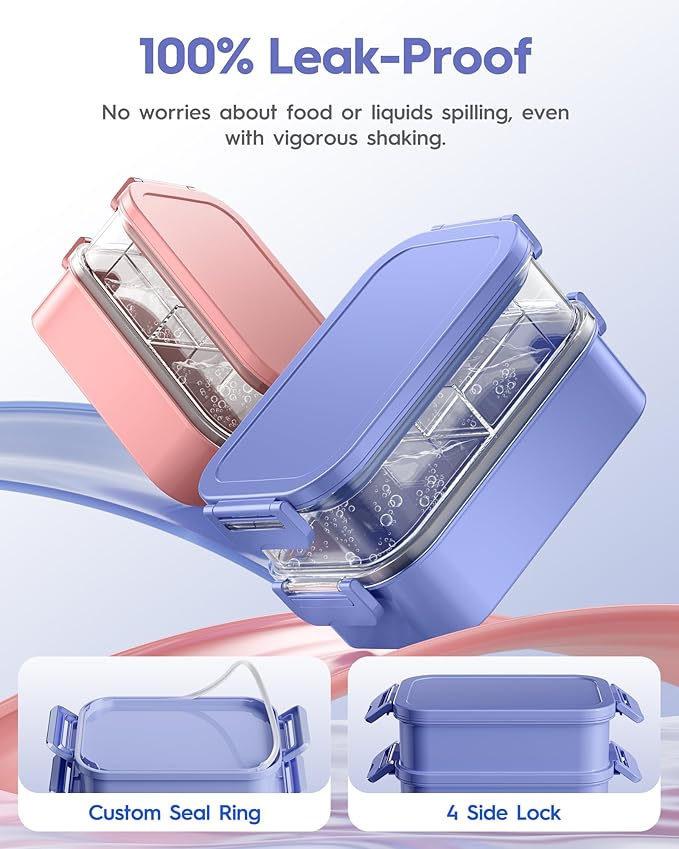 Adults Bento Box with Insulated Lunch Bag, 74oz Capacity 3 Stackable Leak-Proof Bento Box Built-In Utensil and Sauce, PFAS & BPA-Free, Microwave & Dishwasher Safe (Mist Purple)