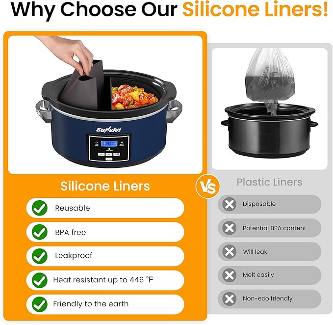 Sunvivi 6 Quart Programmable Slow Cooker with 2 in 1 Silicone Liners, Multi-Cooker Food Warmer with Digital Timer, Adjustable Tempature Control, Dishwasher Safe Parts, Blue