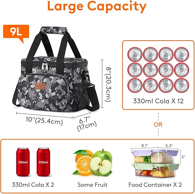 Lifewit Medium Lunch Bag Insulated Lunch Box Soft Cooler Cooling Tote for Adult Men Women, Black Camo 12-Can (9L)