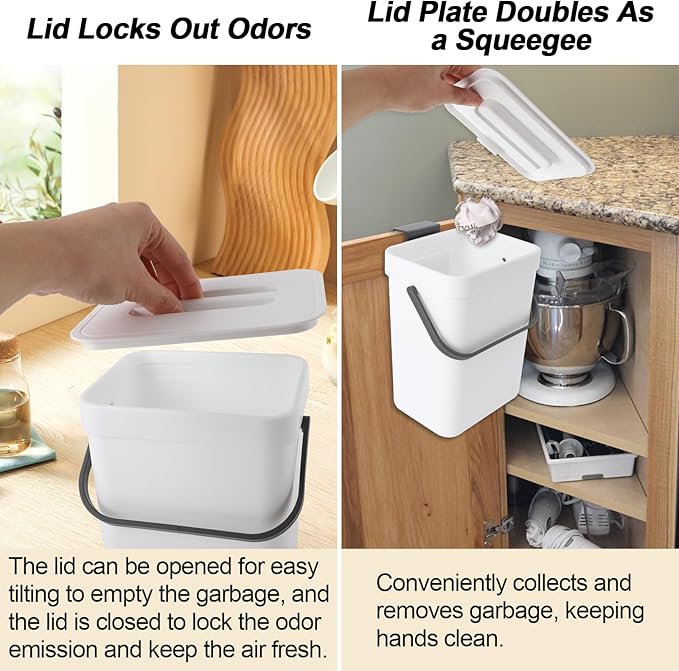 Compost Bin Kitchen, Includes 100 Trash Bags, Hanging Trash Can with Lid, Features Pet-Proof, Odor-Proof, and Quiet Opening/Closing. Suitable for Bathrooms/Bedrooms/Offices (White, 0.8Gal/3L)