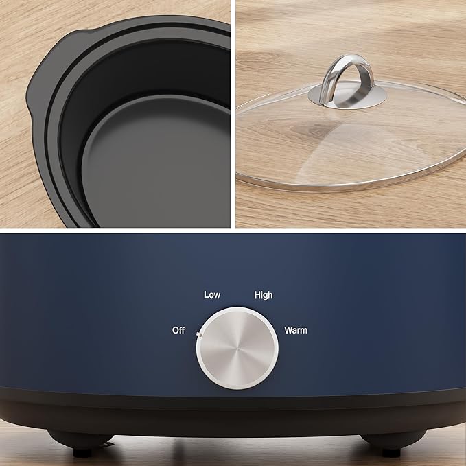 Sunvivi 4 Quart Slow Cooker & Mini Food Warmer with 3 Heating Settings, Removable Ceramic Pot, Dishwasher Safe Glass Lid, Stainless Steel, Blue